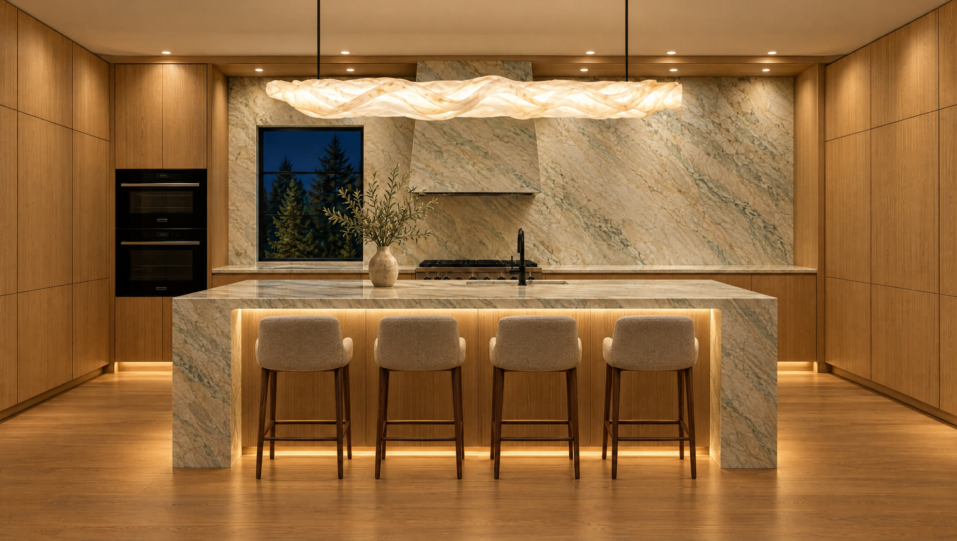 The finished kitchen in warm oak and quartzite