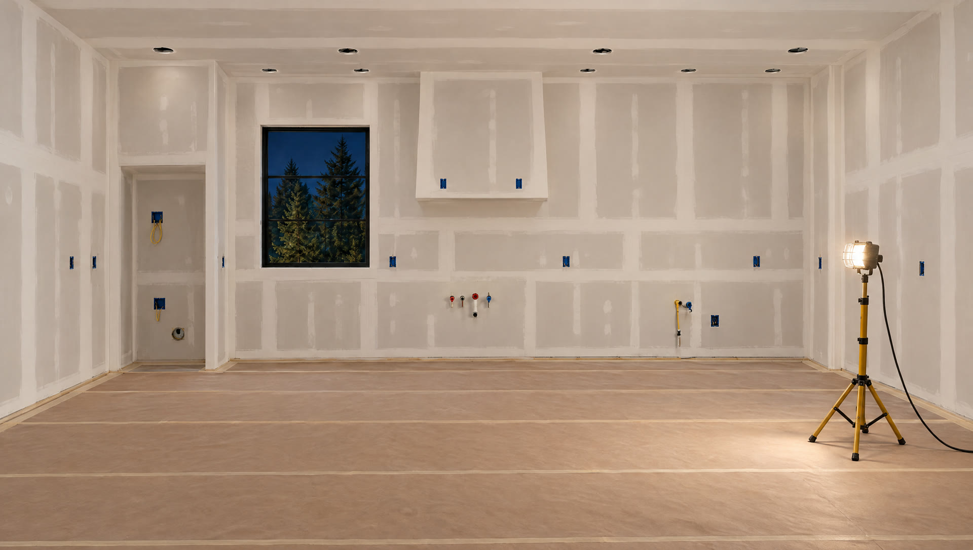 The kitchen at rough-in, with taped drywall and capped plumbing