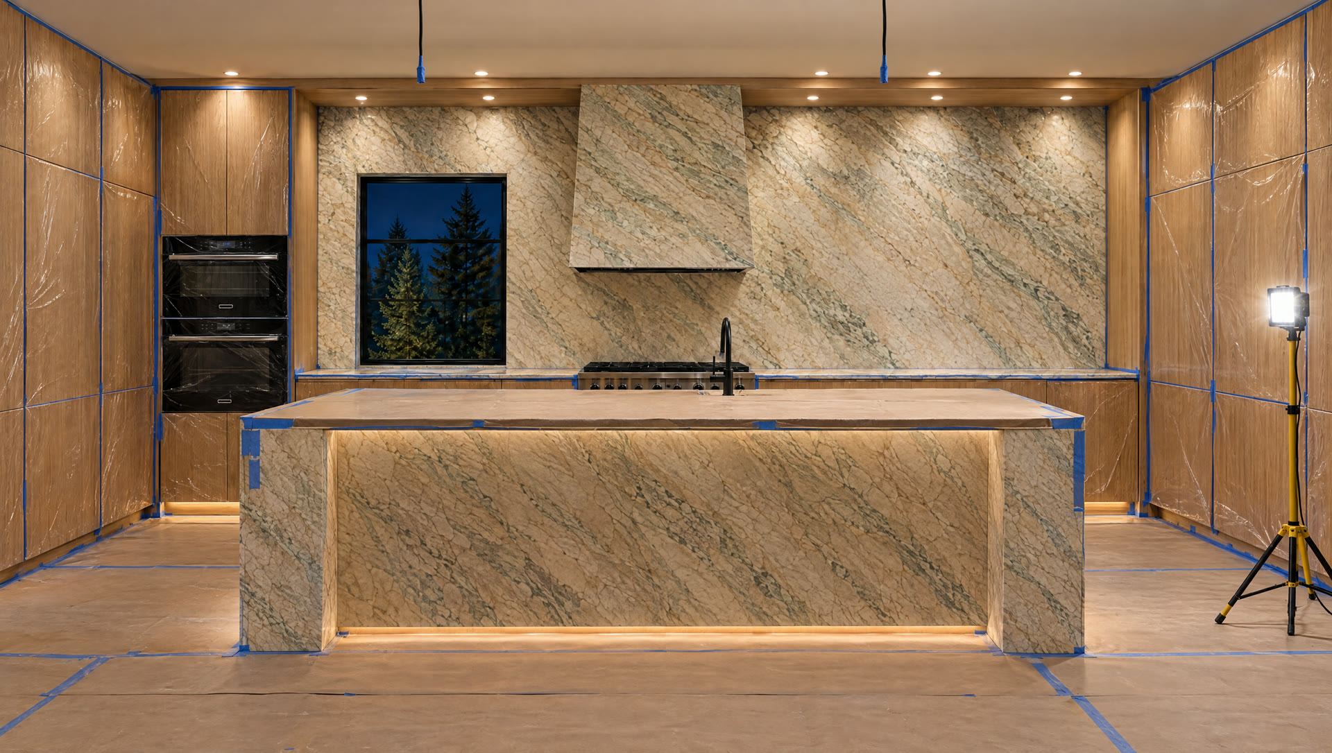 Cabinets and stone installed, still under protective film