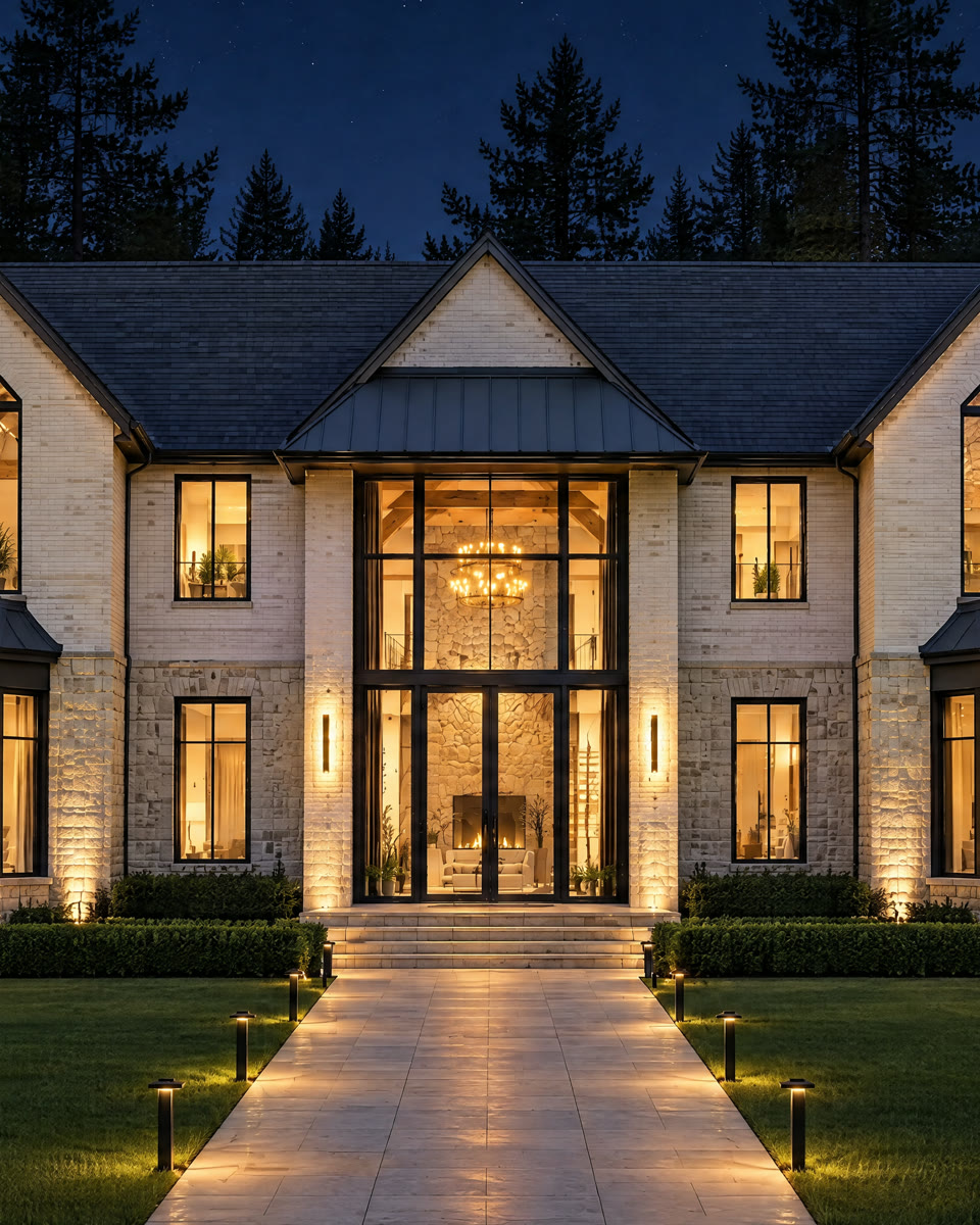 The glowing front entry of a transitional stone and brick home at night