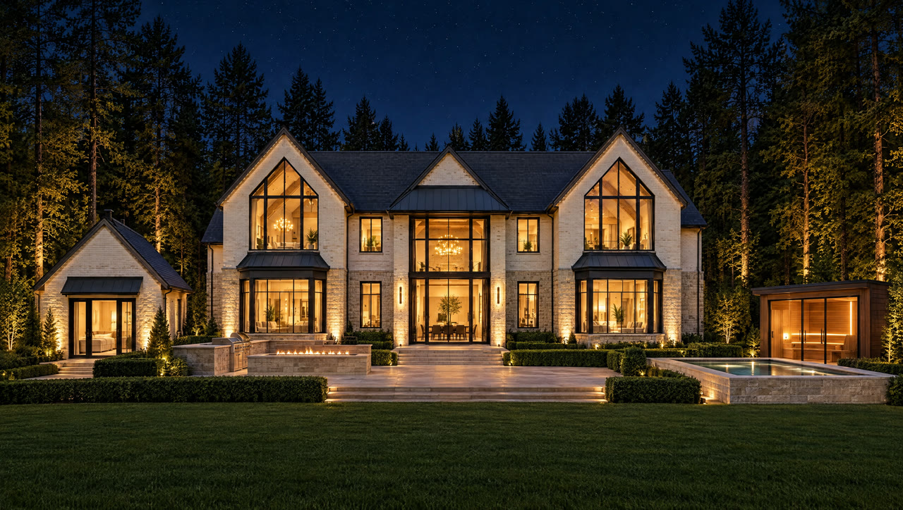 A stone terrace with an outdoor kitchen, sauna and cold plunge at night