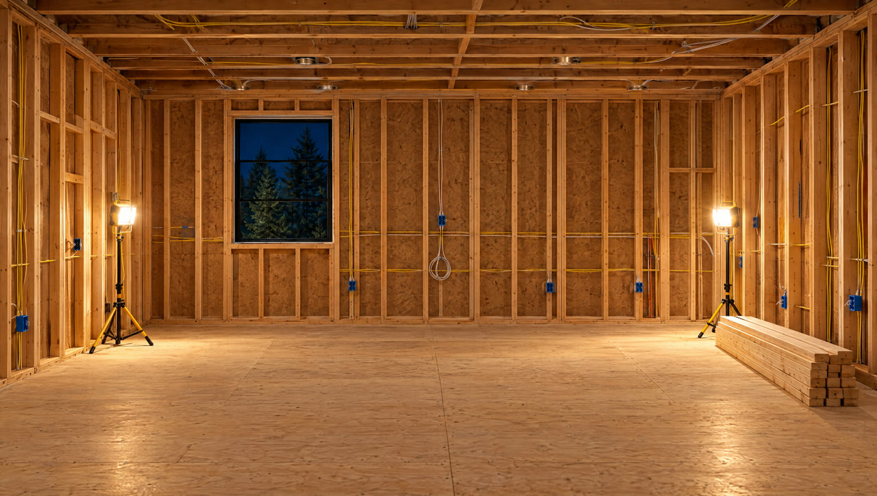 A room opened to the studs during a renovation