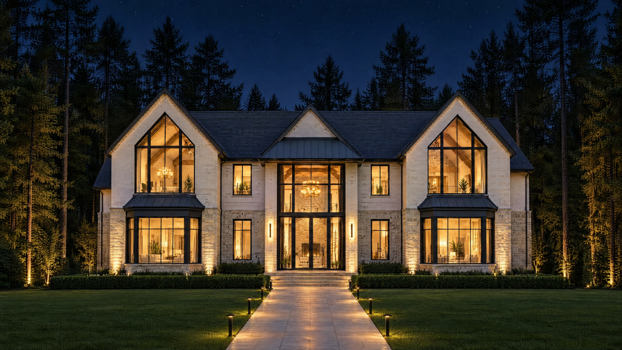 A transitional stone and brick home at night